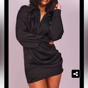 Black Cowl Draped Satin Shirt Dress